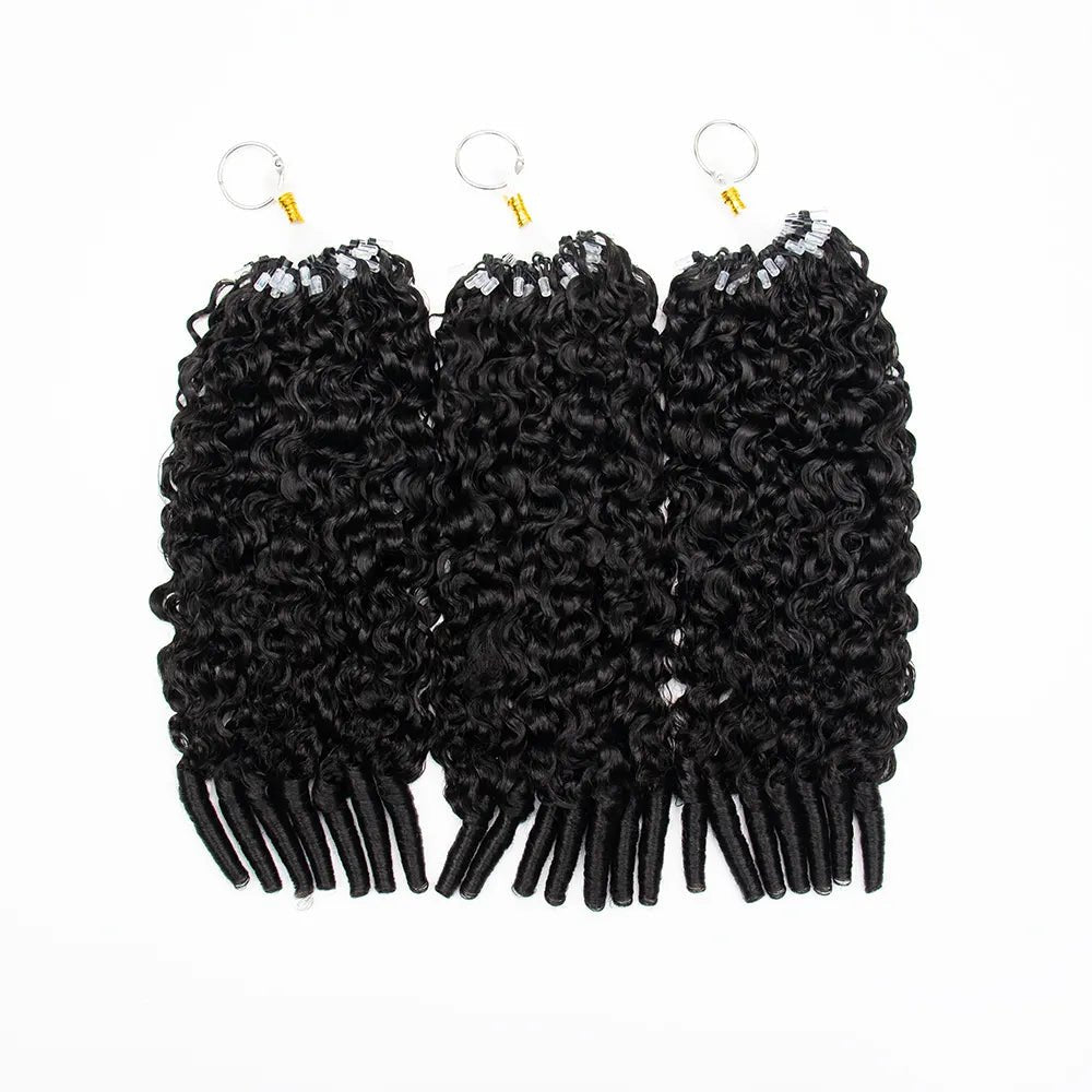 Three bundles of Ywigs Natural Color Water Curly Micro Loop Hair Extensions showing full curly texture
