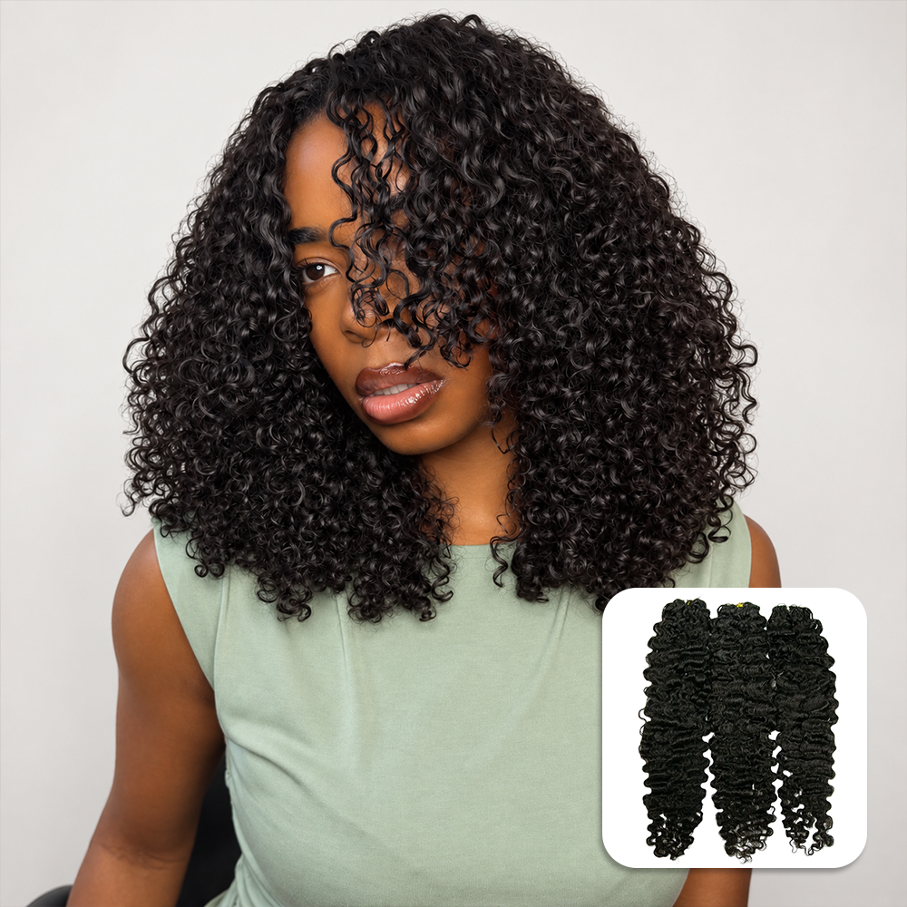 Ywigs Natural Black Water Deep Wave feather crochet hair front view for lightweight crochet braid style