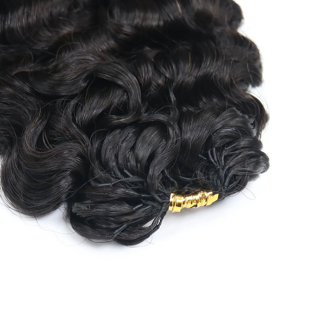 Close-up of the top attachment area of Ywigs Water Deep Wave Human Crochet Hair, highlighting the bundle construction and natural black waves.