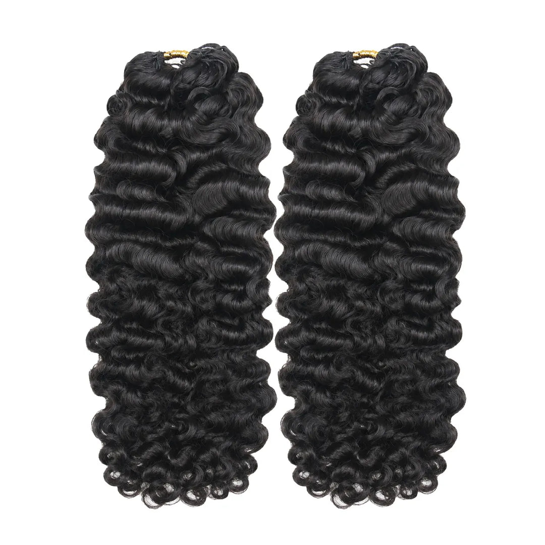 Two bundles of Ywigs Water Deep Wave Human Crochet Hair in natural black with defined wave patterns.