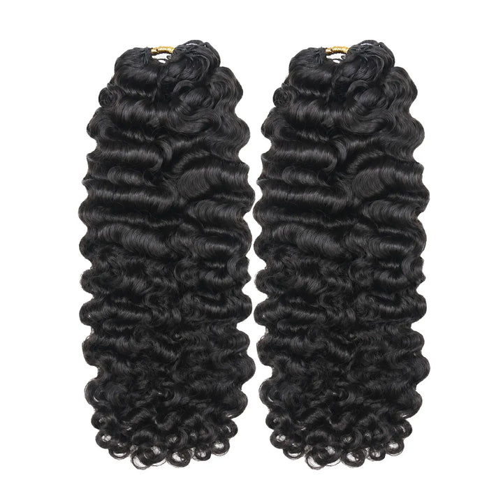 Two bundles of Ywigs Water Deep Wave Human Crochet Hair in natural black with defined wave patterns.