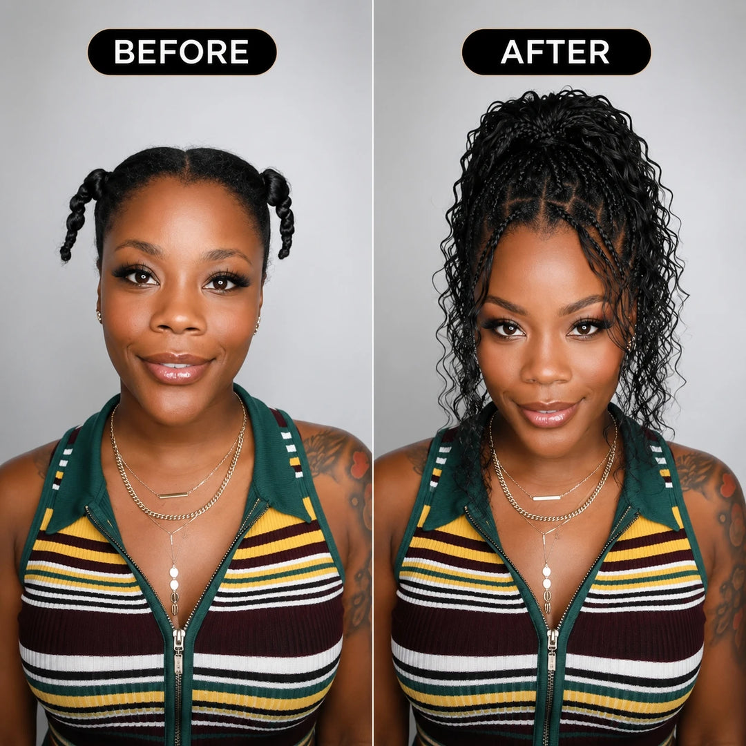 Ywigs Before and after installation of Water Wave Bulk Human Braiding Hair showing a full braided hairstyle transformation