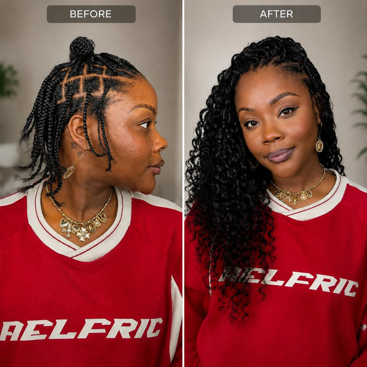 Before and after installation of Ywigs Natural Black water wave human crochet hair for crochet braids transformation