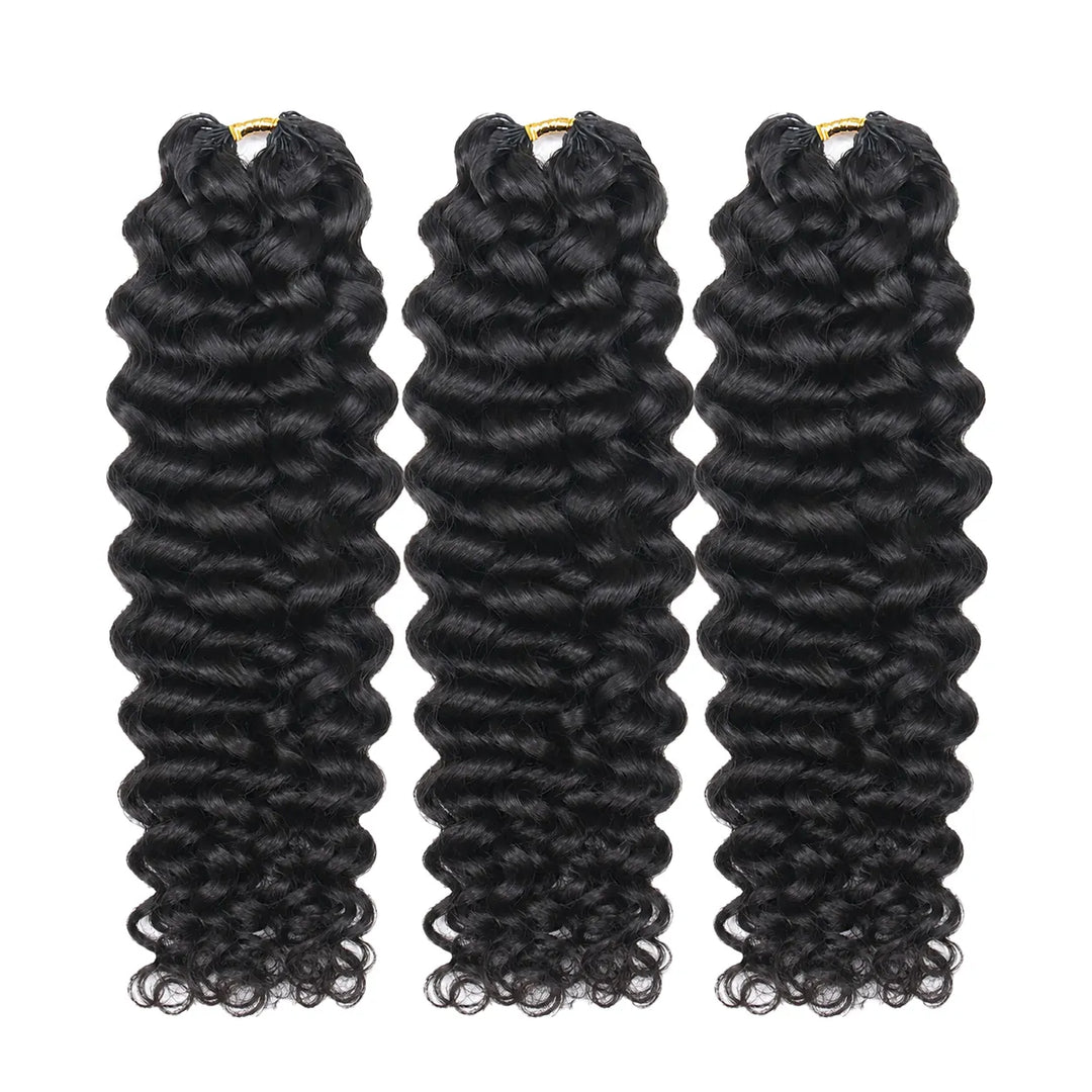 Three bundles of Ywigs Water Wave Human Crochet Hair in natural black for a fuller crochet hairstyle.