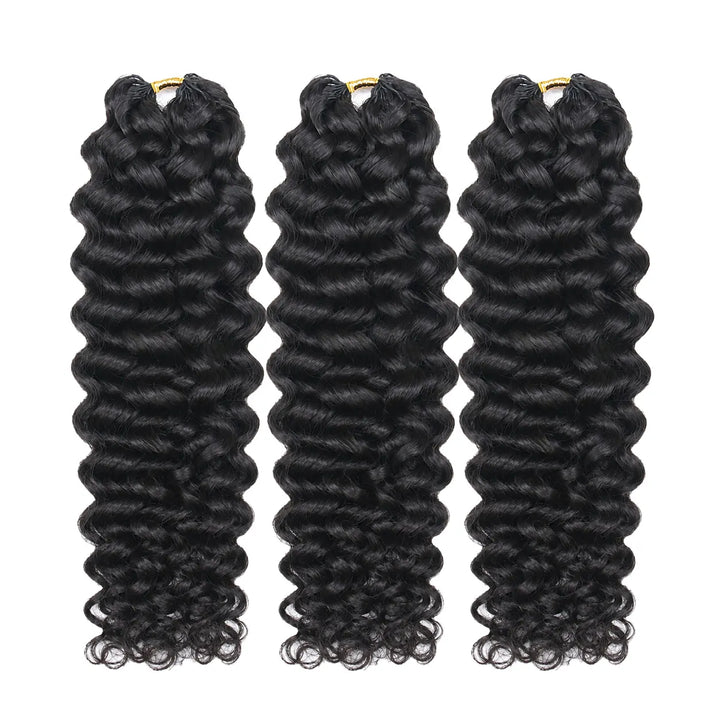 Three bundles of Ywigs Water Wave Human Crochet Hair in natural black for a fuller crochet hairstyle.