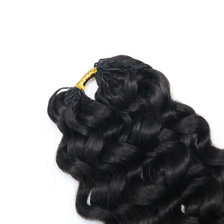Close-up of the top attachment area of Ywigs Water Wave Human Crochet Hair, showing the bundle construction and natural black hair.