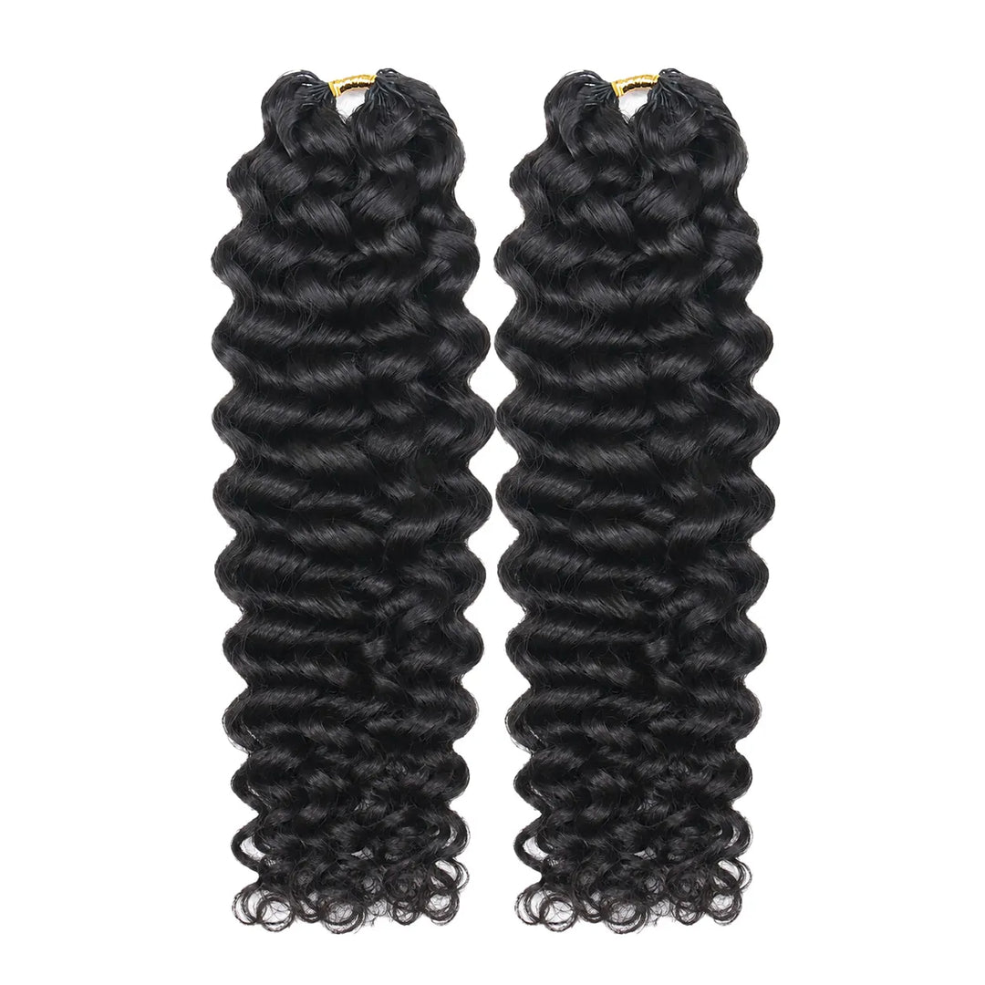 Two bundles of Ywigs Water Wave Human Crochet Hair in natural black, featuring a consistent wave pattern.