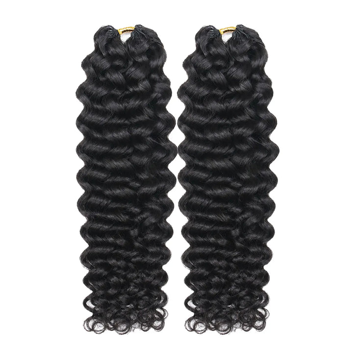 Two bundles of Ywigs Water Wave Human Crochet Hair in natural black, featuring a consistent wave pattern.