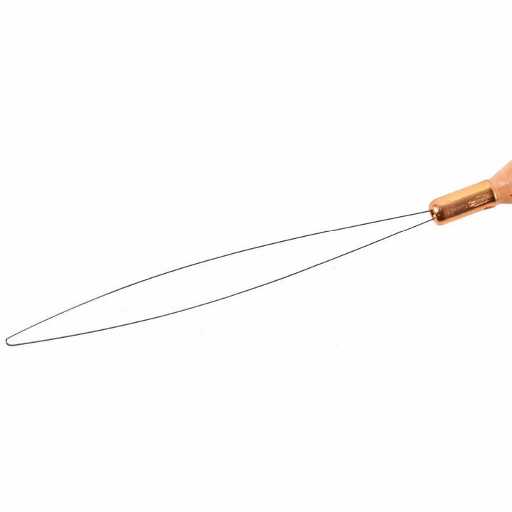 Close-up of the metal threading loop and wooden handle of the Ywigs Hair Extension Loop Tool.