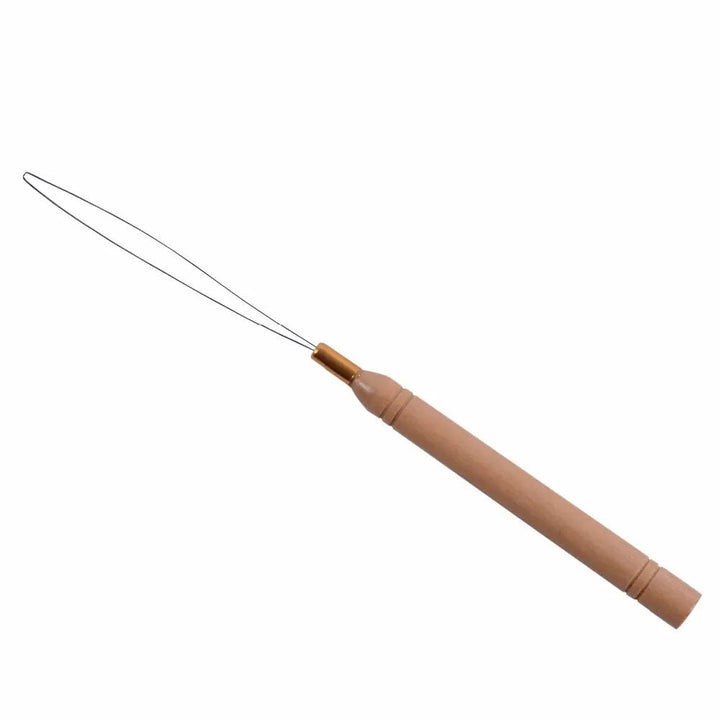 Ywigs Wooden Handle Hair Extension Loop Tool featuring a smooth wooden handle and a slim metal threading loop.