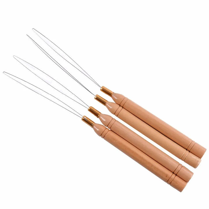 Multiple Ywigs Wooden Handle Hair Extension Loop Tools displayed together, showing their wooden handles and metal threading loops.