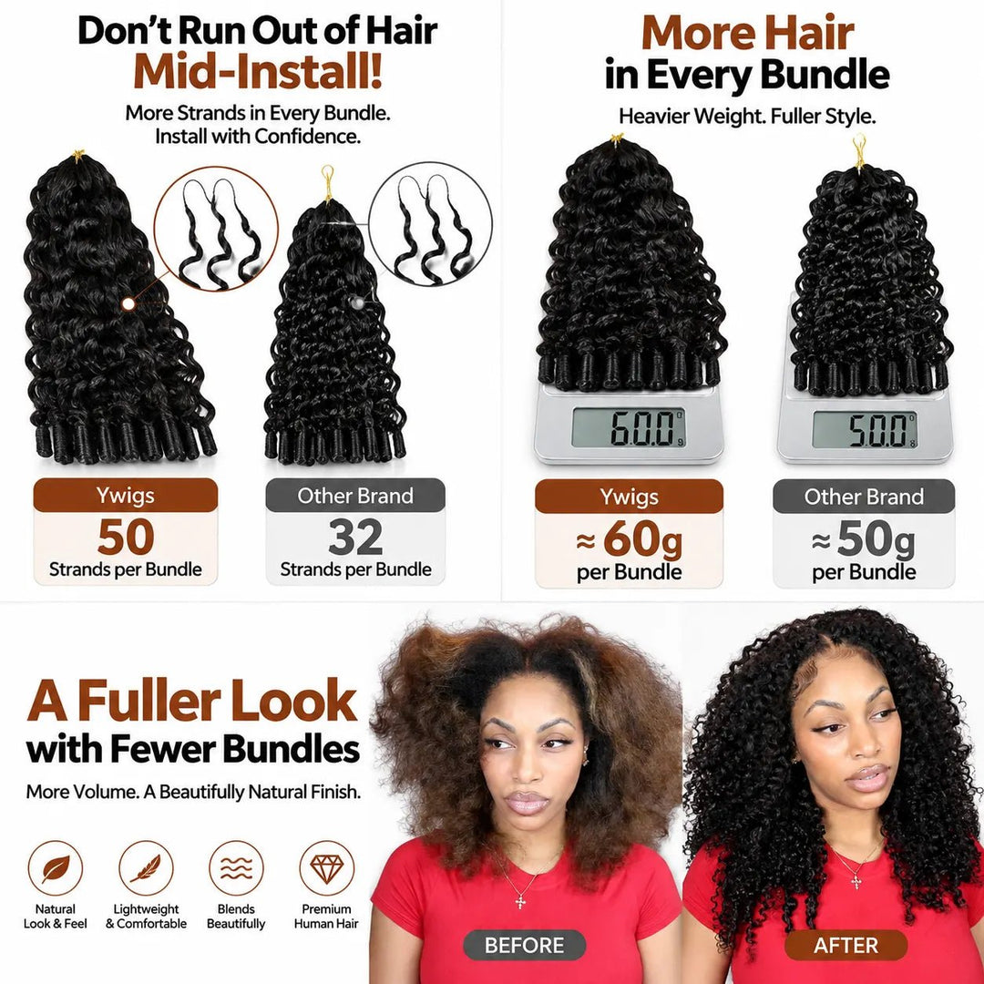 Ywigs human crochet hair with 50 strands per bundle and approximately 60g per bundle for a fuller crochet hairstyle with fewer bundles.
