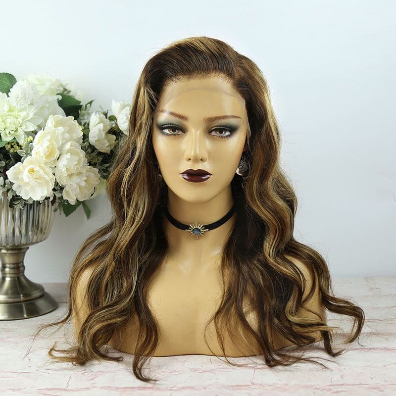 #4 Brown with #27 Highlight Body Wave Silk Base 13x4 Closure Wigs 07