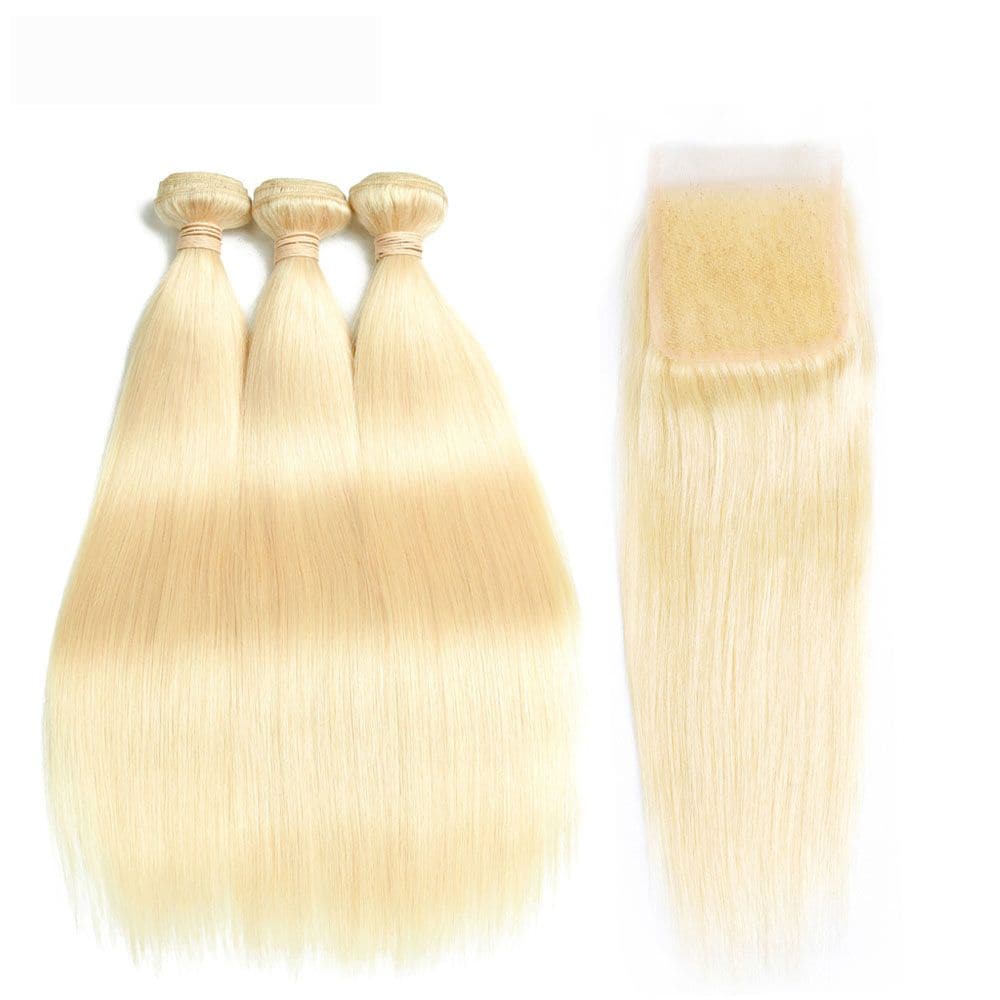 #613 Blonde Straight Brazilian Hair Bundles 4x4 Lace Closure PSP01 #613