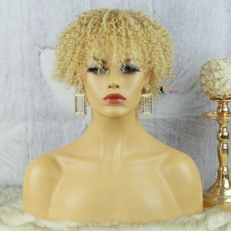 blonde with bangs human hair bob wig curly