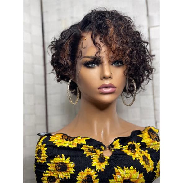 brown streak curly pixie cut 13x6 lace front wig