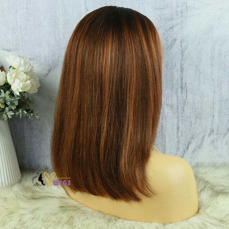 rich copper brown straight human hair 13x4 lace front bob wig 5