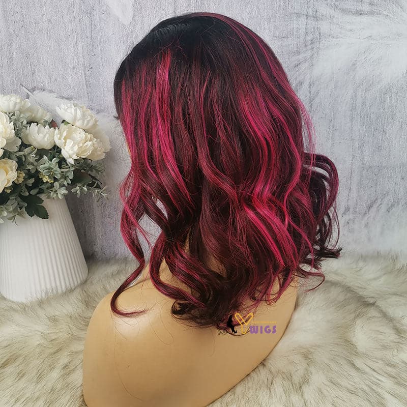ruby bright red highlights body wave 13x6 lace front wig on natural hair one side