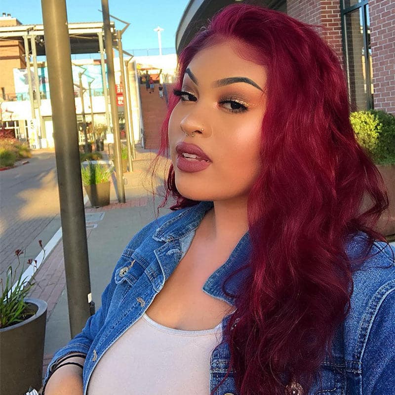 red burgundy colored body wave human hair 13x4 lace front wigs
