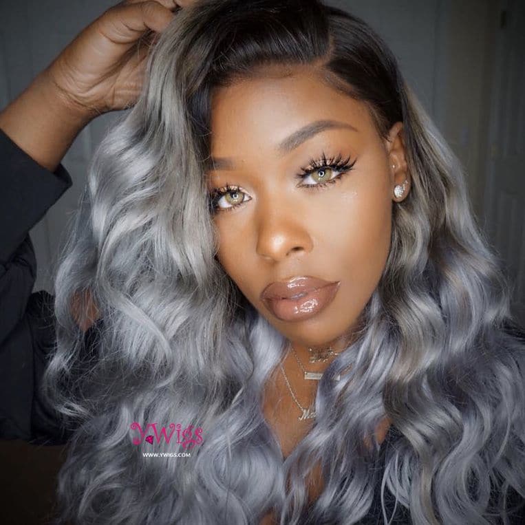 Grey with Dark Roots Human Hair Body Wave Lace Wig reivew1