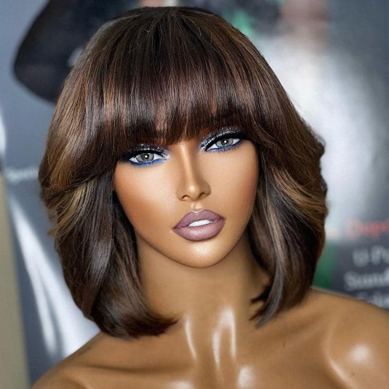 black mixed brown silky straight layered bob wig with bang 5x5 lace closure wig
