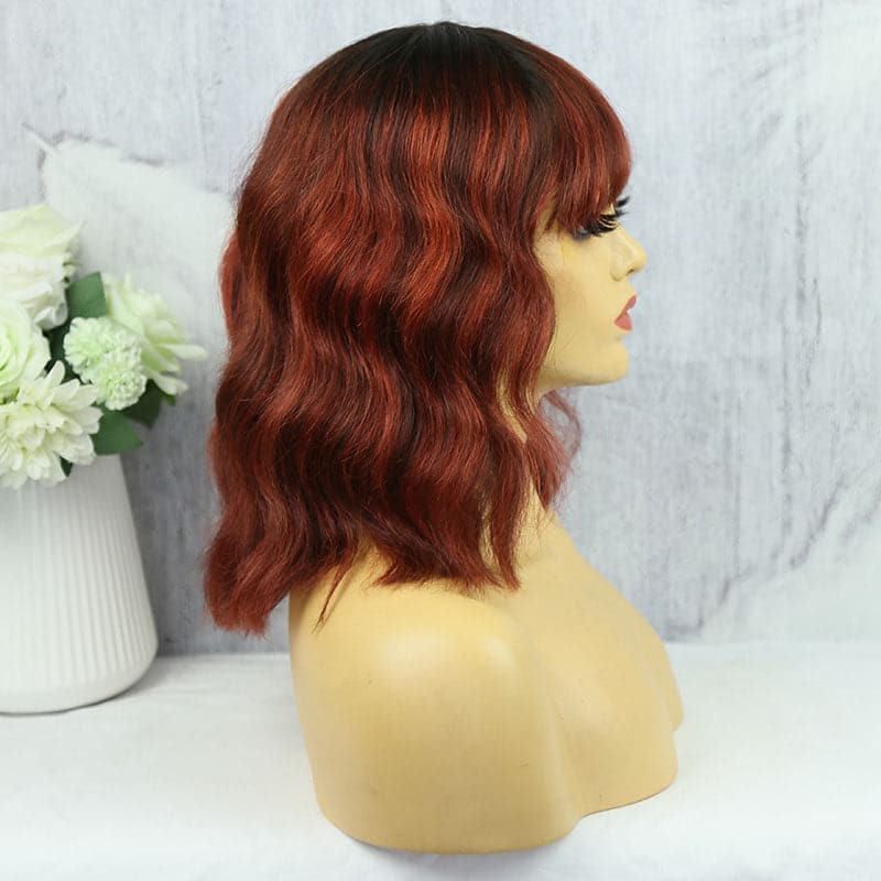 fiery red body wave with bang scalp top no lace wig 3