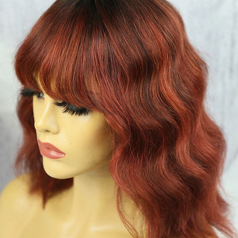 fiery red body wave with bang scalp top no lace wig 2
