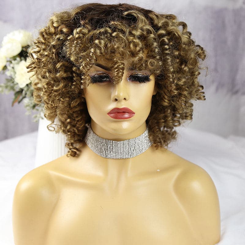 custom colored bangs curly full machine made human hair wig 2