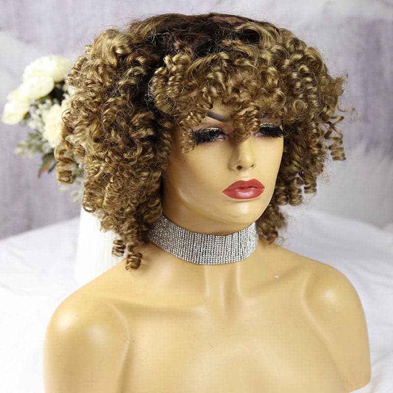 custom colored bangs curly full machine made human hair wig 3
