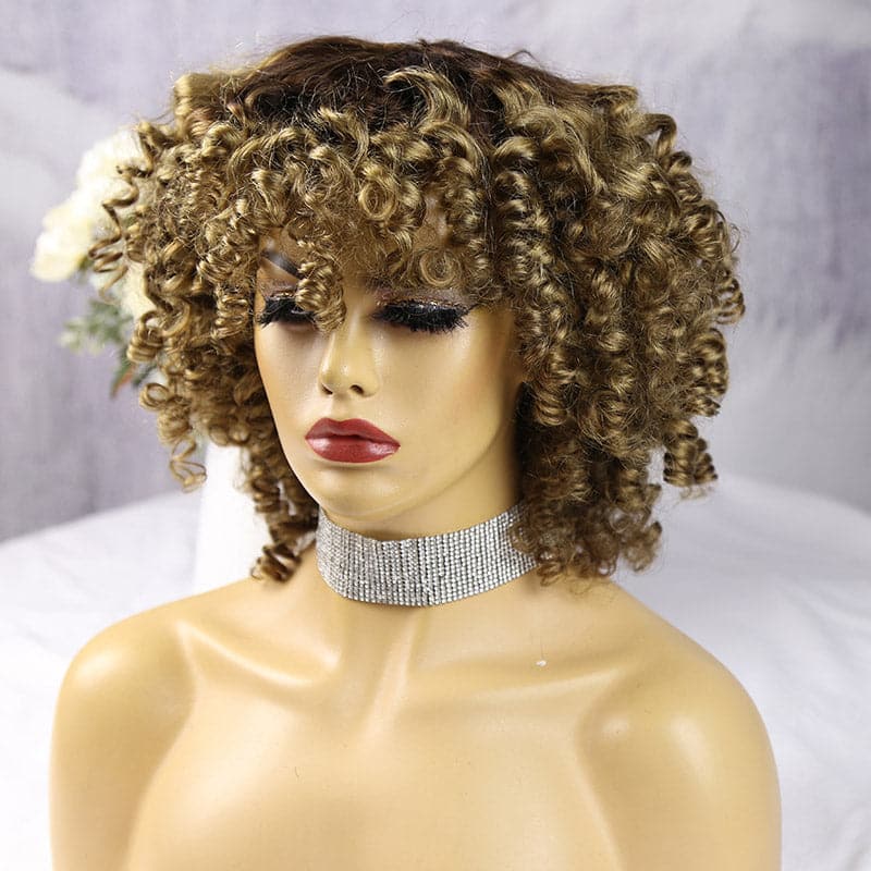 custom colored bangs curly full machine made human hair wig 4
