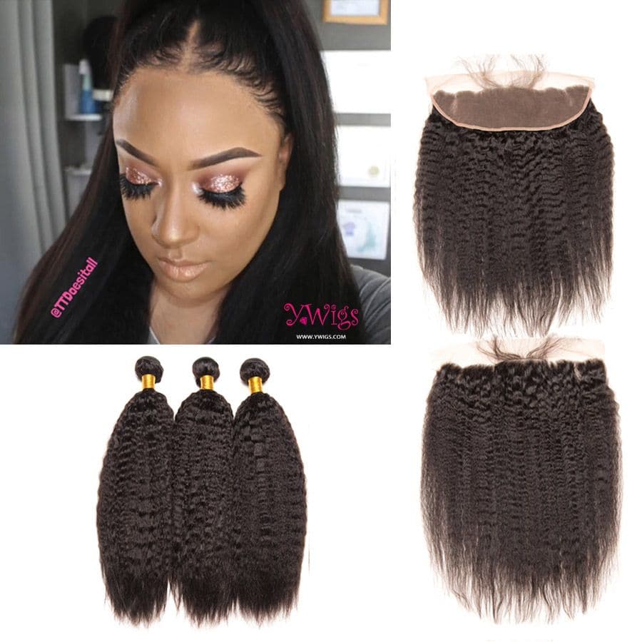 Kinky Straight Brazilian Hair Bundles HD Lace 13x4 Lace Frontal PLB23