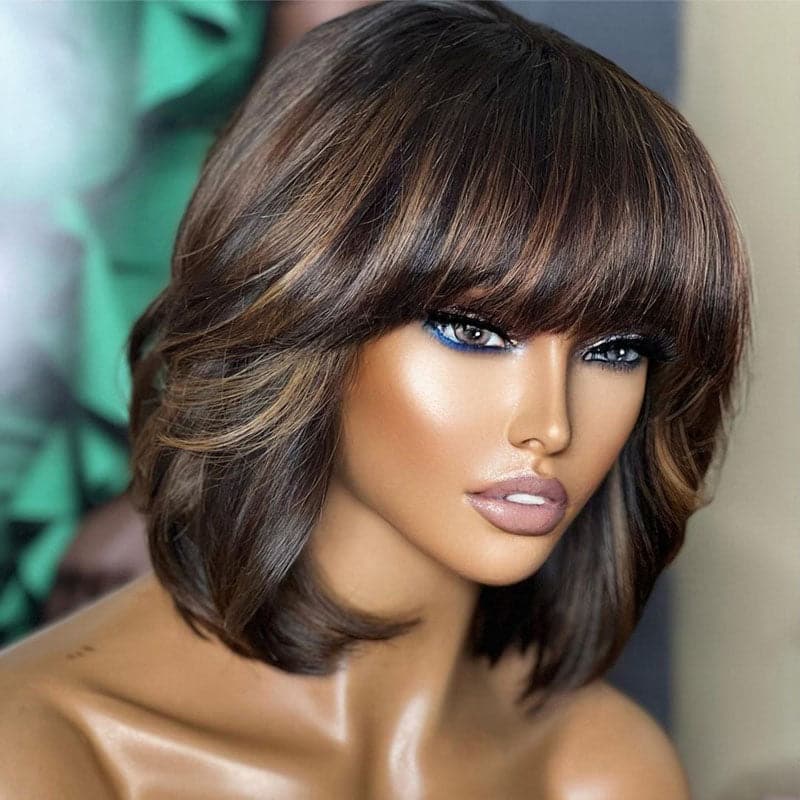 black mixed brown silky straight layered bob wig with bang 5x5 lace closure wig1