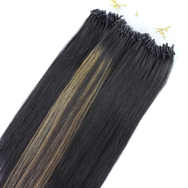 Faux Highlights Natural Color Mixed Chestnut Brown Pre-Looped Microlink Hair Extensions Set Silky Straight Human Hair