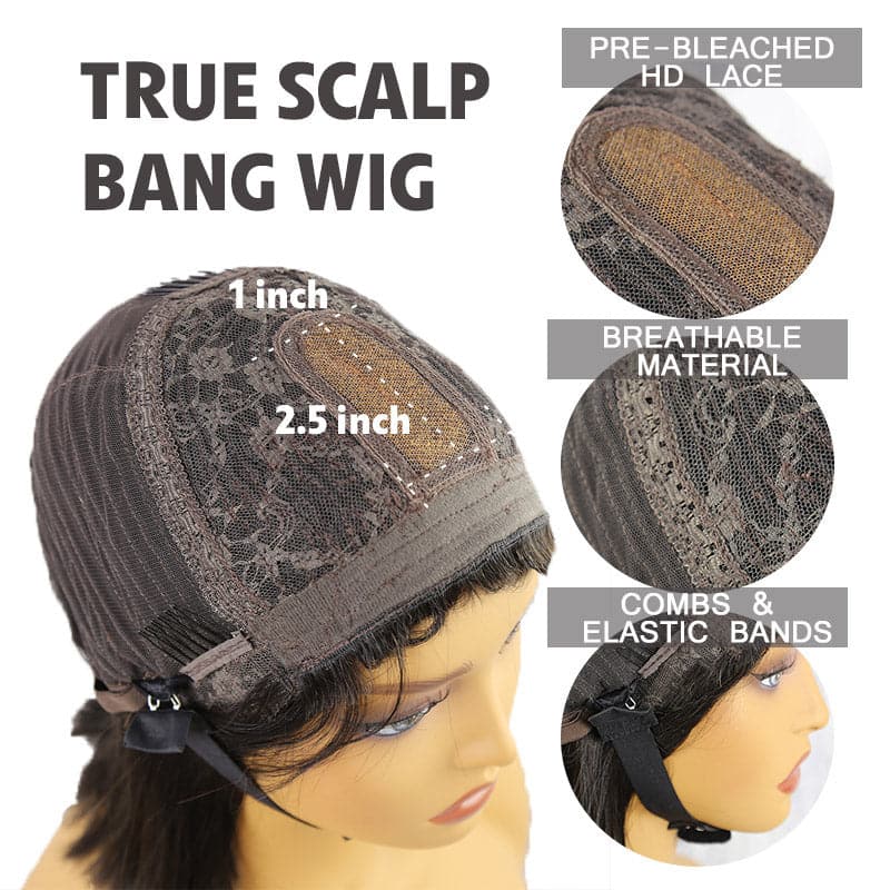 natural color silky straight bob wig with bang cap size