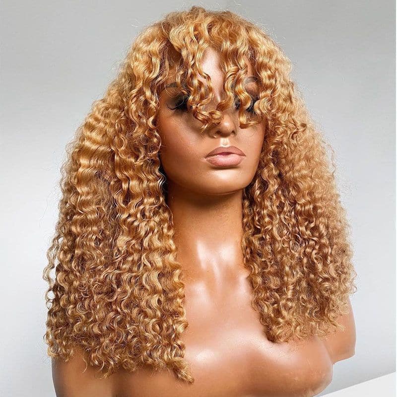 Tonya Honey Blonde #27 Bangs Kinky Curly No Lace Machine Made Human Hair Wig 1