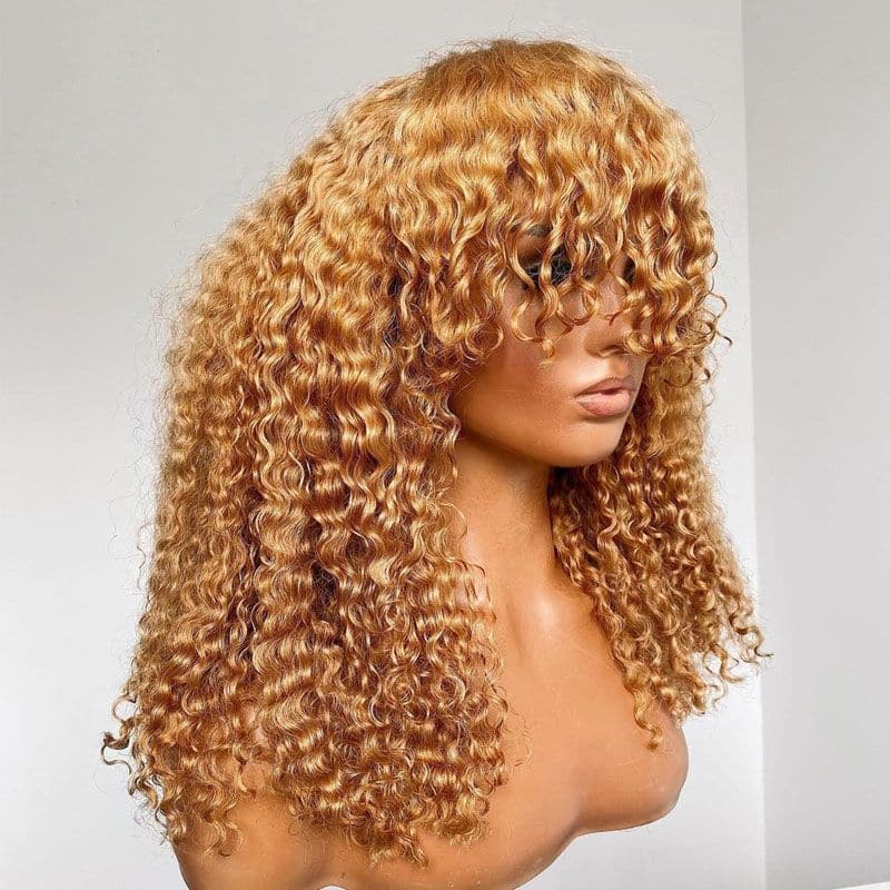 Tonya Honey Blonde #27 Bangs Kinky Curly No Lace Machine Made Human Hair Wig 2