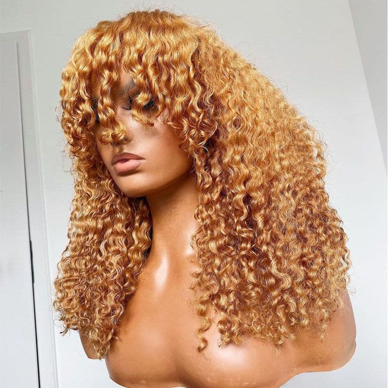 Tonya Honey Blonde #27 Bangs Kinky Curly No Lace Machine Made Human Hair Wig 3