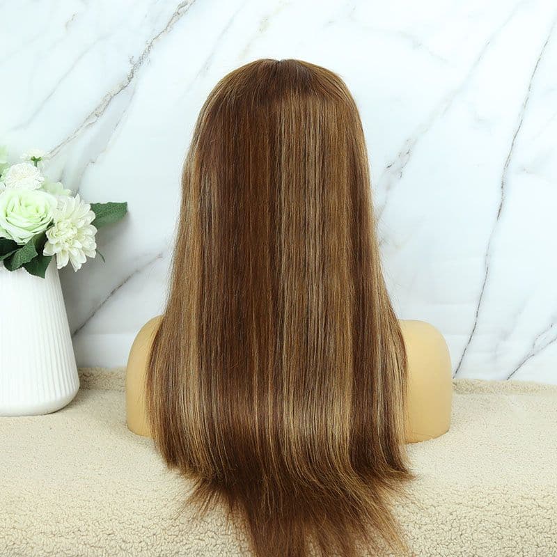 Transparent Lace Middle Part #4 with #27 Highlight Straight Human 13x6 T Closure Wig back 