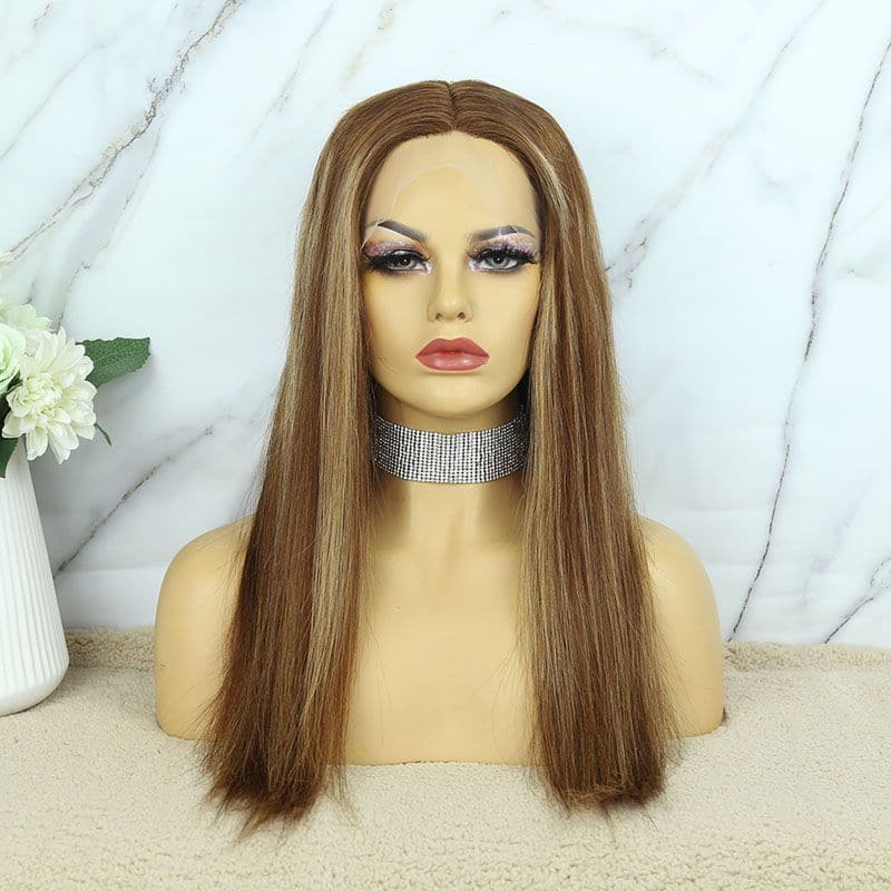 Transparent Lace Middle Part #4 with #27 Highlight Straight Human 13x6 T Closure Wig front1