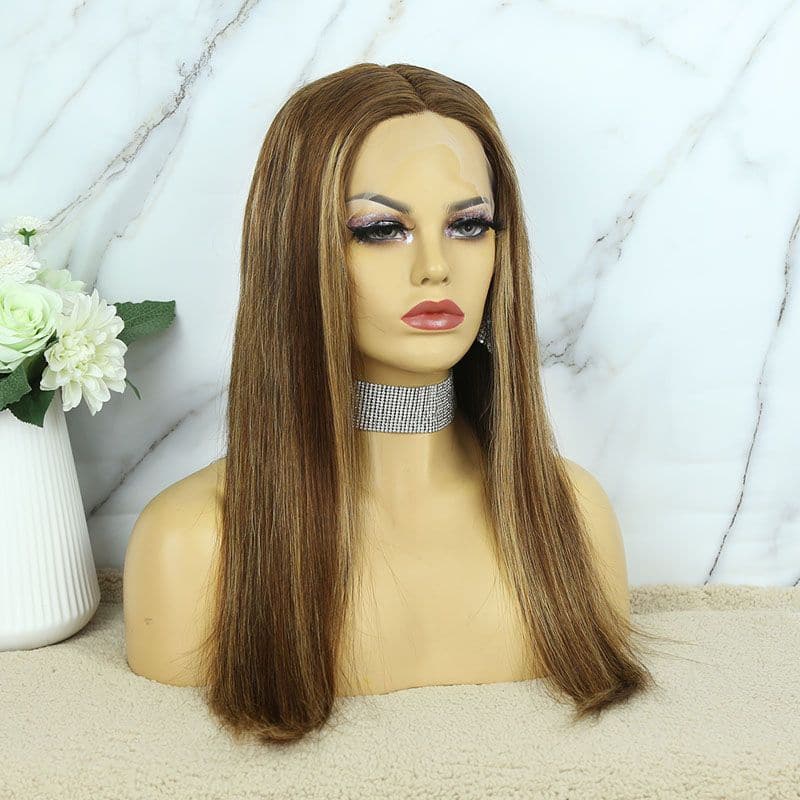 Transparent Lace Middle Part #4 with #27 Highlight Straight Human 13x6 T Closure Wig left