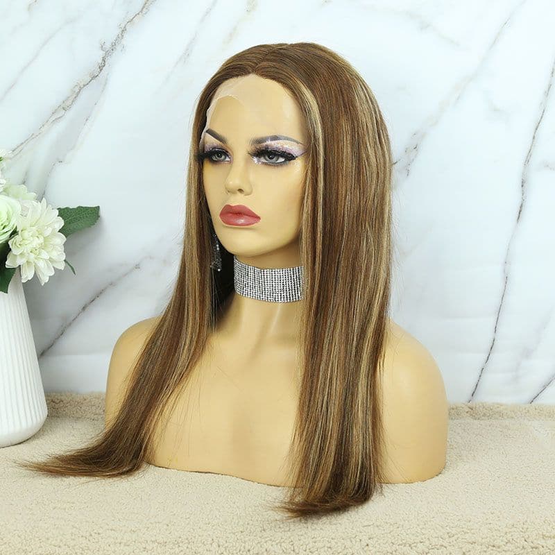 Transparent Lace Middle Part #4 with #27 Highlight Straight Human 13x6 T Closure Wig right1