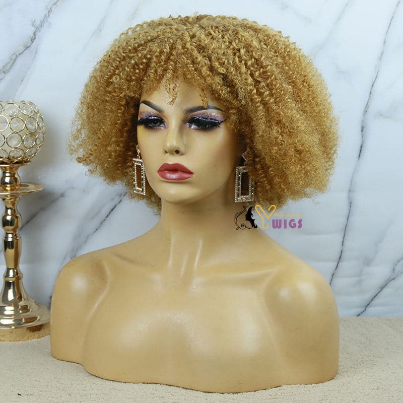 zora scalp top blonde bangs kinky curly no lace full machine made human hair bob wig front