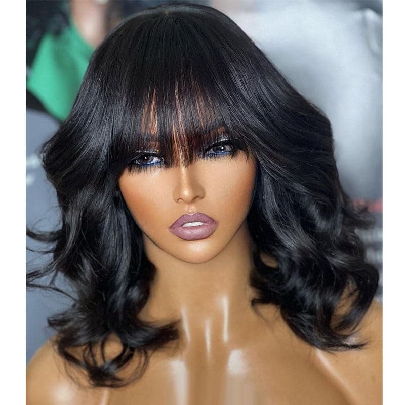 natural color body wave blunt cut bob wig with bangs front
