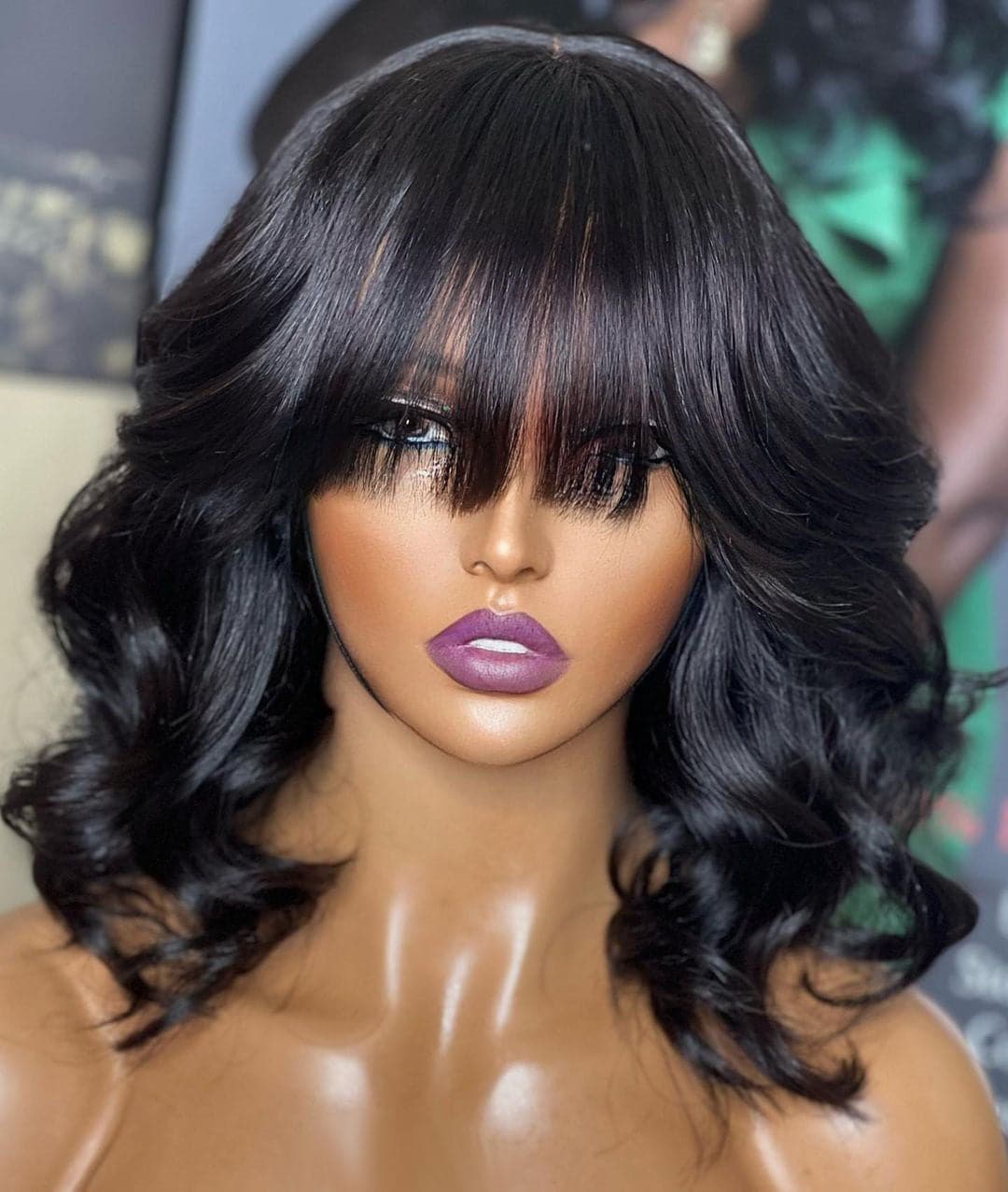 Image of Blunt black hair bob with natural wave
