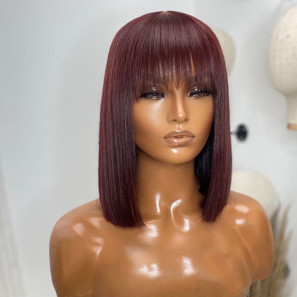 burgundy #99j straight 5x5 lace closure wig with bang front