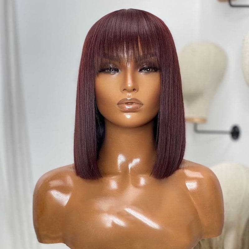 burgundy #99j straight 5x5 lace closure wig with bang