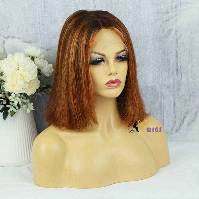 rich copper brown straight human hair 13x4 lace front bob wig