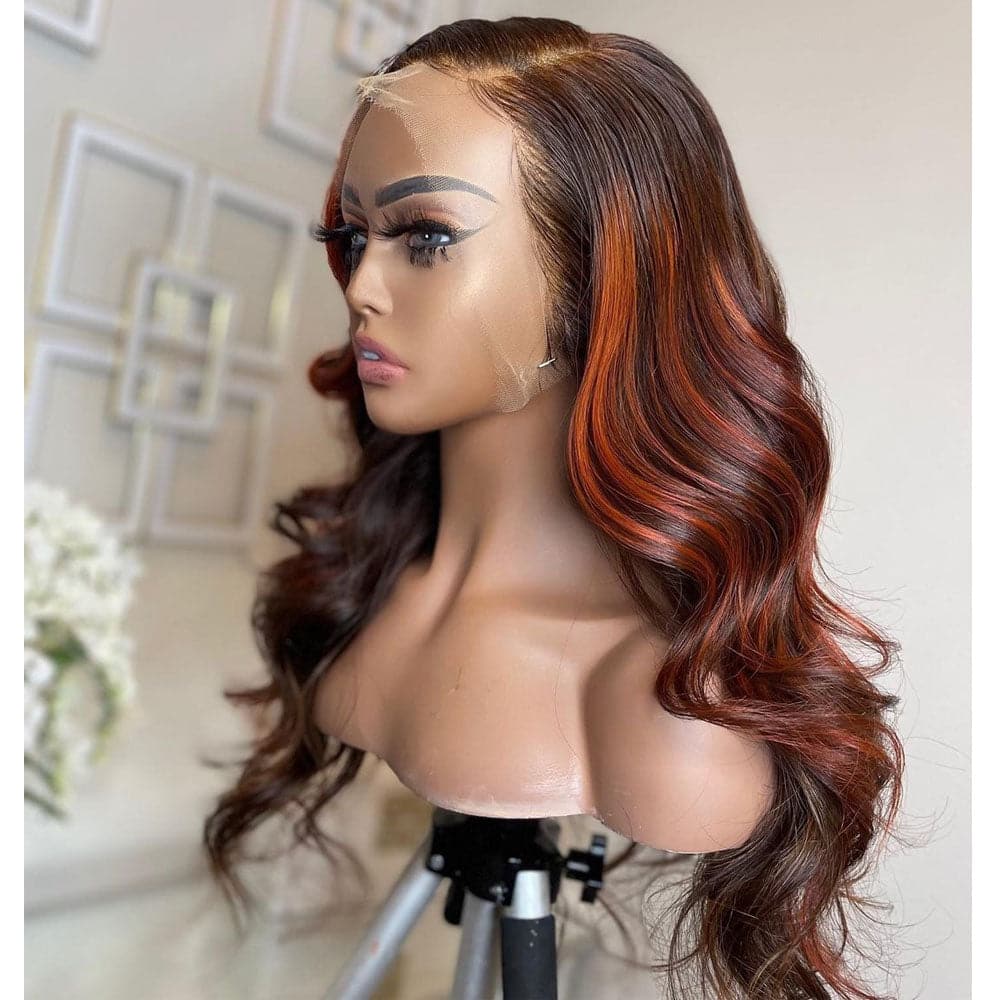 copper highlighted custom colored body wave 13x6 lace front wig one side