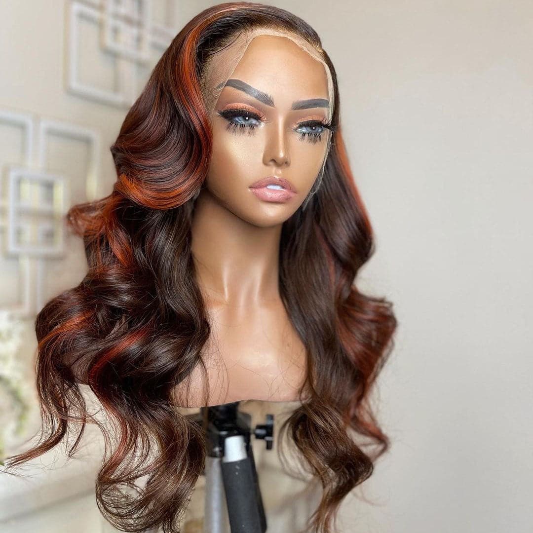 copper highlighted custom colored body wave 13x6 lace front wig