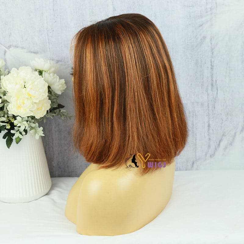 rich copper brown straight human hair 13x4 lace front bob wig 1